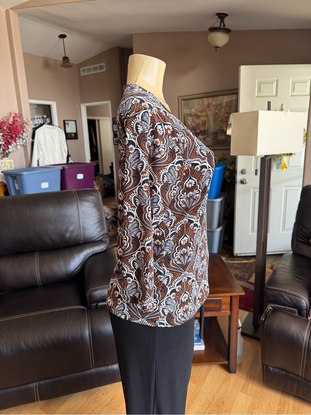 The Limited brown, black & white floral print 3/4 sleeves knit blouse-L - Picture 7 of 10